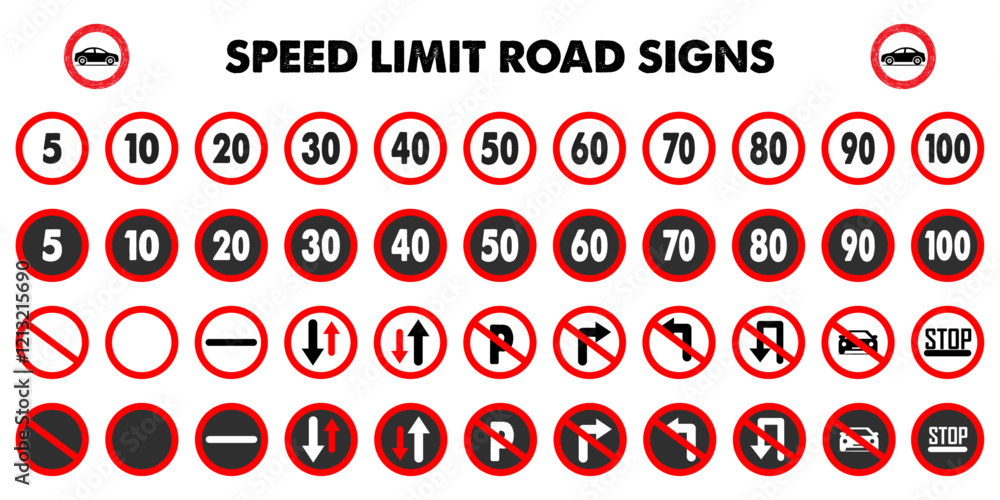 Poster road speed limit sign vector symbol generic speed limit signs black text red circle illustration