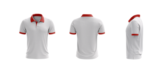 red collar polo tee shirt set with front, back, and side views cutout in a white background. A mockup template for graphic design artwork.