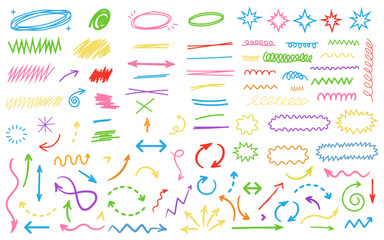 Hand drawn scribble set colorful underline element drawing art arrow highlight vignetting decoration freehand mark simple crayons pen graphic design resources