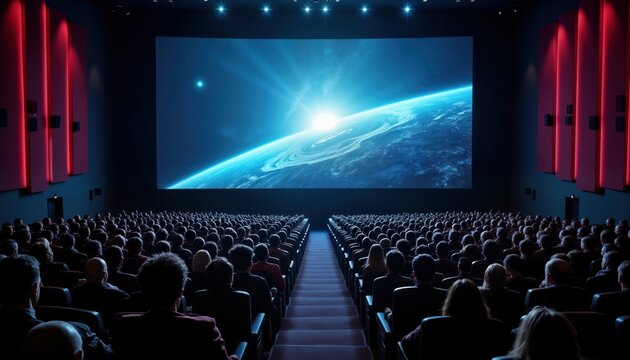 Large cinema auditorium. Rows of seats full with audience. Big screen shows image of space with planet. People waiting for movie start. Event in movie theater. Huge screen, crowd of people. Cinema