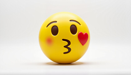 Fototapeta premium Glossy yellow kiss emoji with puckered lips and red heart on minimalist background