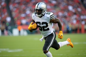 Dynamic Action Shot of American Football Player Sprinting on Field During Game with Intense Crowd in Background