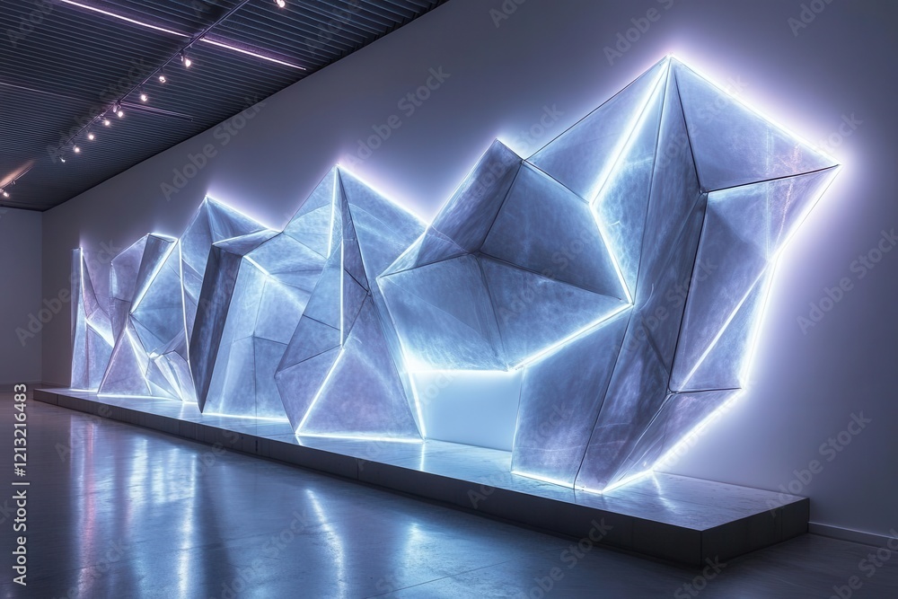 Wall mural modern art gallery wall installation featuring geometric neon light sculptures creating dynamic patt