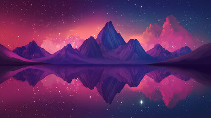 Mountain ridge reflect in the lake in night, stars and nebula clouds galaxies in sky. Stellar Ridge. Illustration