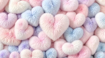 Valentine's Day. Adorable heart-shaped furry pillows in pastel pink and blue tones.