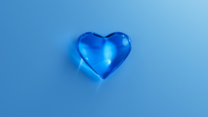 Blue glass heart on a blue background. Valentine's day romantic concept. 3d render illustration