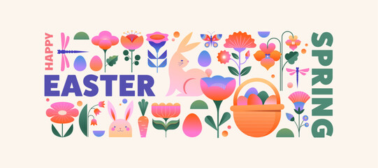 Happy Easter, Modern flat design with flowers, eggs and bunnies, pastel colors