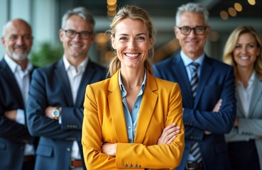 Successful senior businesswoman stands confidently with team. Businesspeople look forward to successful future. Corporate employees appear happy, ready to work. Photo shows corporate meeting in