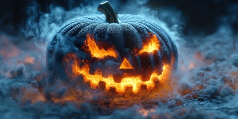 Glowing Jack-o'-Lantern: A Spooky Halloween Pumpkin Surrounded by Mist and Flames, Perfect for Seasonal Decorations