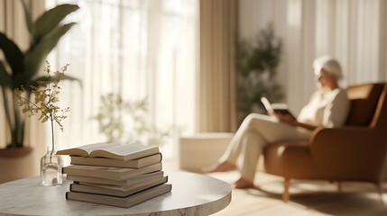 A minimalist and modern living room setting with a woman sitting on a armchair, reading a book, and a round table in the foreground. 