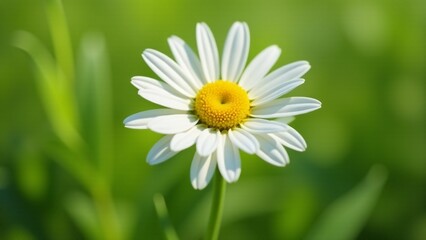 Obraz premium A pure white daisy with yellow center florets. The flower stands tall on a slender stem, glowing in sunlight against green leaves, showcasing its timeless and elegant beauty.