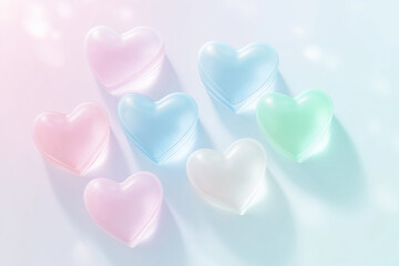 Colorful heart-shaped soaps arranged artistically on a soft, pastel surface during daylight