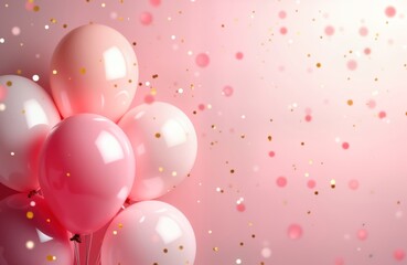 Pink background with festive balloons. Celebration atmosphere with pink, white balloons. Golden confetti. Ideal for birthday party anniversary. Tender, gentle celebration concept. Perfect for