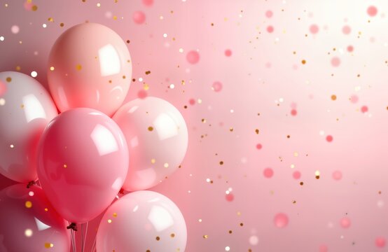 Pink background with festive balloons. Celebration atmosphere with pink, white balloons. Golden confetti. Ideal for birthday party anniversary. Tender, gentle celebration concept. Perfect for - Powered by Adobe