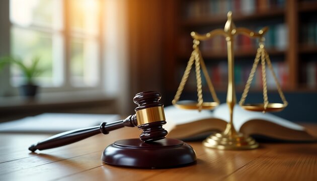 Legal issues related to property sales explored. Judge gavel, scales of justice symbolize legal complications, potential disputes selling property without heir consent. Photo captures legal