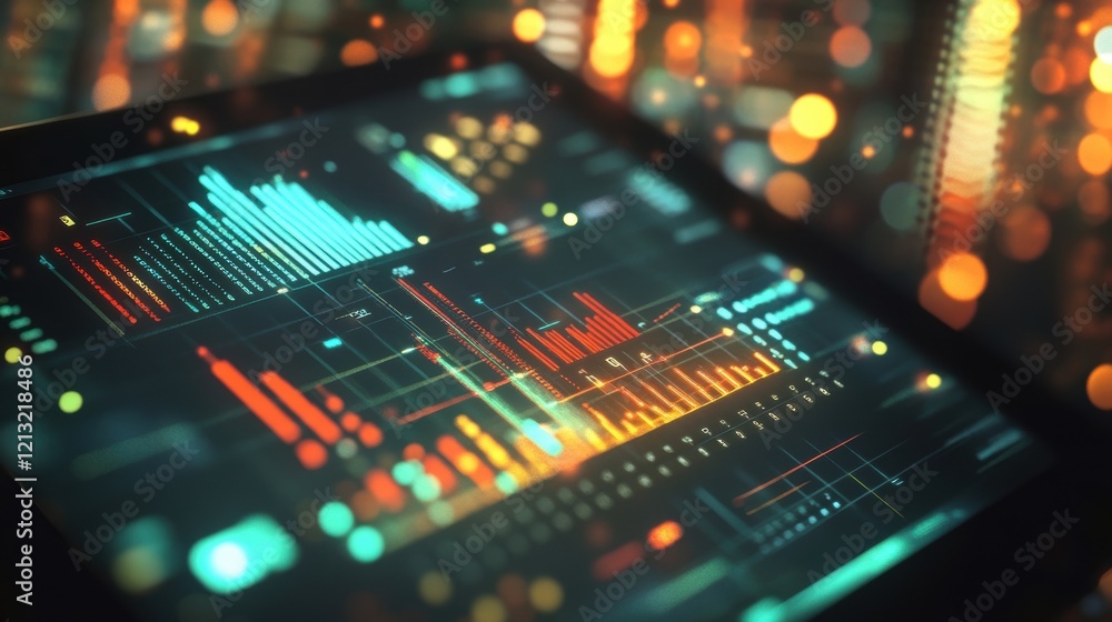Poster futuristic tablet displaying complex data analysis with colorful charts and graphs, set against blur