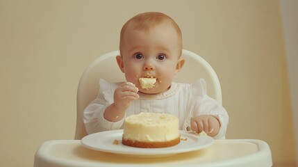 Cute baby is sitting in a high chair eating cheesecakes. The concept baby food. Space for text