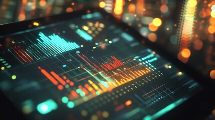 Fototapeta premium Futuristic tablet displaying complex data analysis with colorful charts and graphs, set against blurred city lights at night, highlighting advanced technology and real time monitoring