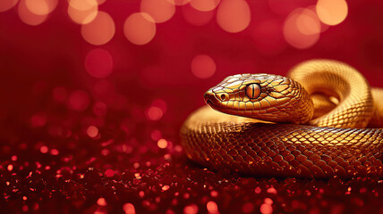 Gold snake on red background for Chinese new year of the snake 2025