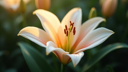 Fototapeta premium A creamy white lily with soft pink hues and long golden stamens. The trumpet-shaped petals create a star-like bloom, surrounded by dark green leaves, glowing with soft sunlight for an elegant effect.