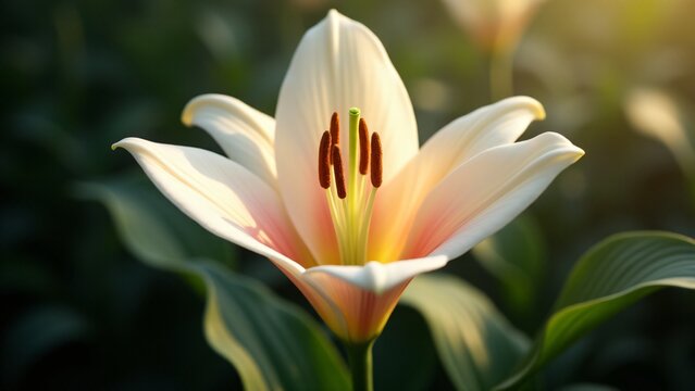 A creamy white lily with soft pink hues and long golden stamens. The trumpet-shaped petals create a star-like bloom, surrounded by dark green leaves, glowing with soft sunlight for an elegant effect.