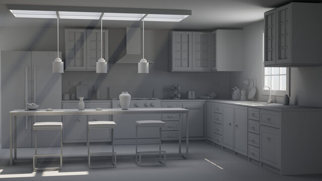 Realistic Kitchen Clay 3d Render featuring many kitchen elements