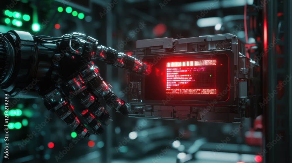 Poster advanced robotic arm interacting with a futuristic digital interface in a high tech server room, hig