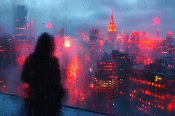 Obraz premium modern cityscape through rainstreaked glass creating abstract patterns of illuminated shapes and reflections in twilight