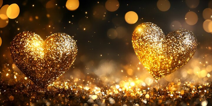 Golden hearts sparkling brightly with luxurious glitter and bokeh lights on a dark background

