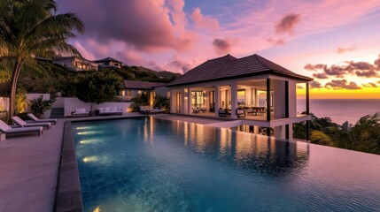 Obraz premium Luxury villa with infinity pool overlooking sunset ocean view. (1)
