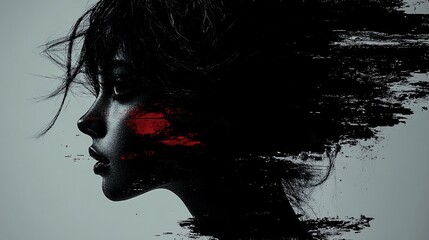 Fototapeta premium Woman, profile, red paint, abstract, art, design, graphic