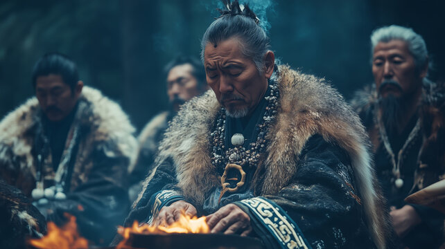Indigenous Ainu performers engage in traditional rituals under glowing embers