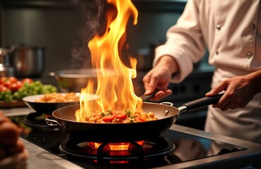 Chef skillfully cooks dish with flames in frying pan on gas stove. Pro chef preparing meal in restaurant kitchen. Food preparation in modern kitchen. Restaurant cookery in action.