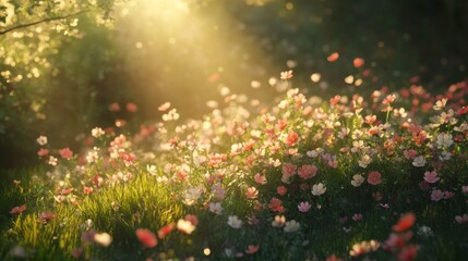 Obraz premium Field of blooming wildflowers under soft natural light, symbolizing spring and renewal
