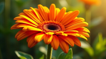 Obraz premium A bright orange gerbera with wide petals radiating outward in a bold circle. The dynamic flower glows in sunlight, surrounded by green leaves, creating a lively and energetic bloom.