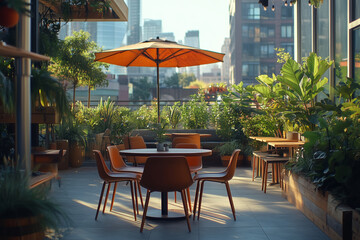 Fototapeta premium Urban oasis designed for relaxation and creativity in a rooftop garden workspace