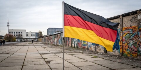 Historic Berlin setting featuring a German flag amidst the East Side Gallery's vibrant art and iconic Berlin TV Tower in the background