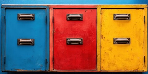 Fototapeta premium Vibrant Storage Drawers: Colorful blue, red, and yellow cabinets perfect for organizing spaces and adding a playful touch.