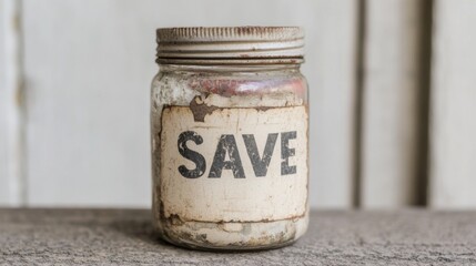 Dirty glass jar with "SAVE" label.