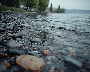 Fototapeta premium Gentle waves lapping a pebble beach near a tranquil lakeside.