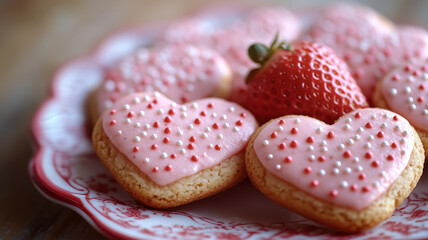 Heart-shaped cookies with strawberry icing for Valentine's Day