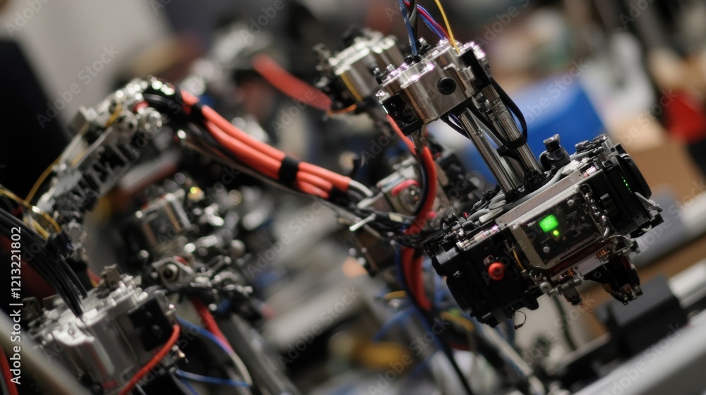 Poster multiple robotic arms, equipped with professional cameras, capturing a live event with remarkable pr