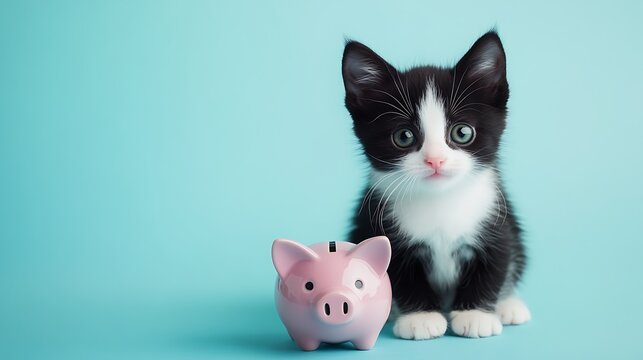 Cute little tuxedo kitten with a piggy bank on a blue background. Animal Charity or donate to rescue concept
