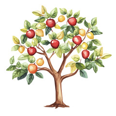 Korlan Tree with Fruit – Watercolor Vector Illustration, Lush Botanical Artwork, Hand-painted Tropical Fruit Tree, Nature-inspired Watercolor Vector Design  
