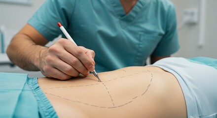 Surgeon Marking Patient's Abdomen for Cosmetic Surgery Procedure in Clinical Setting. This image is relevant for illustrating pre-surgical preparation and the meticulous planning involved in cosmetic.
