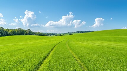 Naklejka premium Rolling green field, sunny day, farmland, countryside landscape