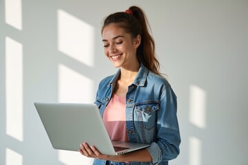 Naklejka premium Smiling person holding a laptop in her hands