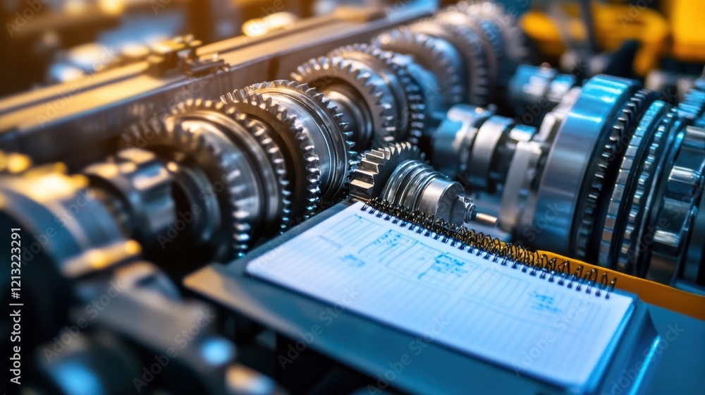 Poster intricate gear train system with a notebook displaying technical drawings, suggesting engineering, d