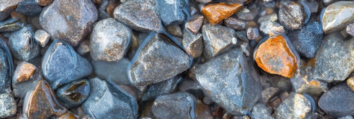 Natural pebbles and stones in clear water stream reflecting outdoors