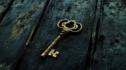 Antique golden key on dark wooden surface.